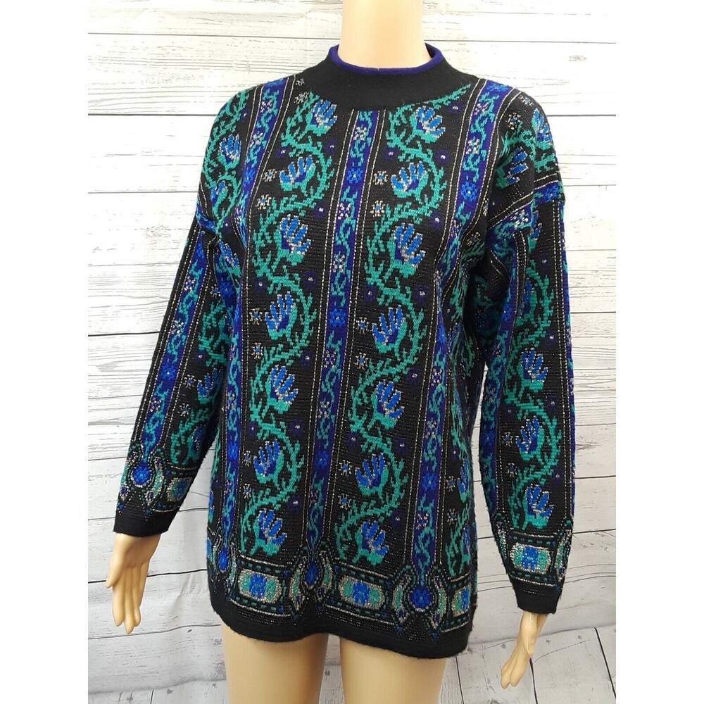 Vtg Hasting & Smith Christmas Metallic Sweater Wool Acrylic Black Green blue M
